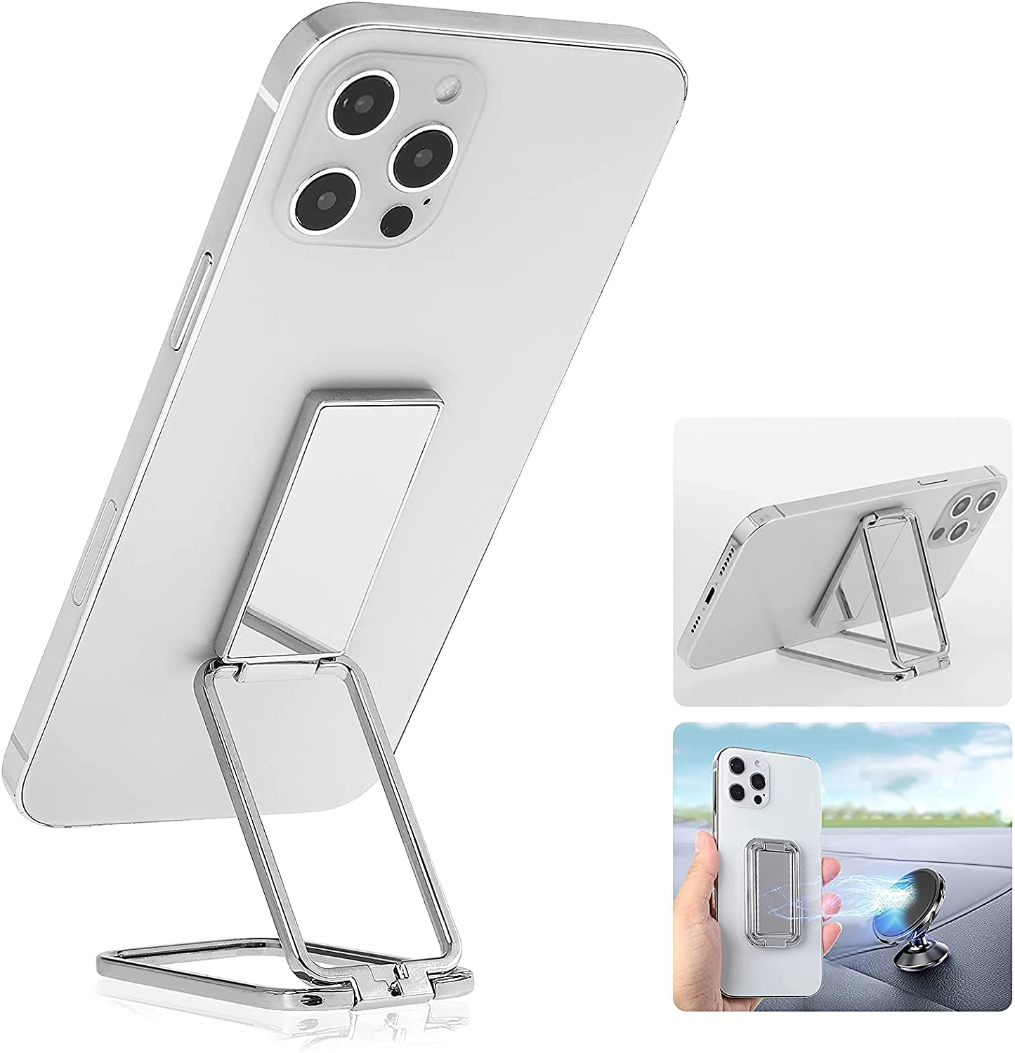 Midkart Ring Holder Finger Kickstand Foldable Adjustable Compatible with Mobile Devices from 4-7 Inches, 360° Rotatable with Magnetic Car Mount, Silver-image-9