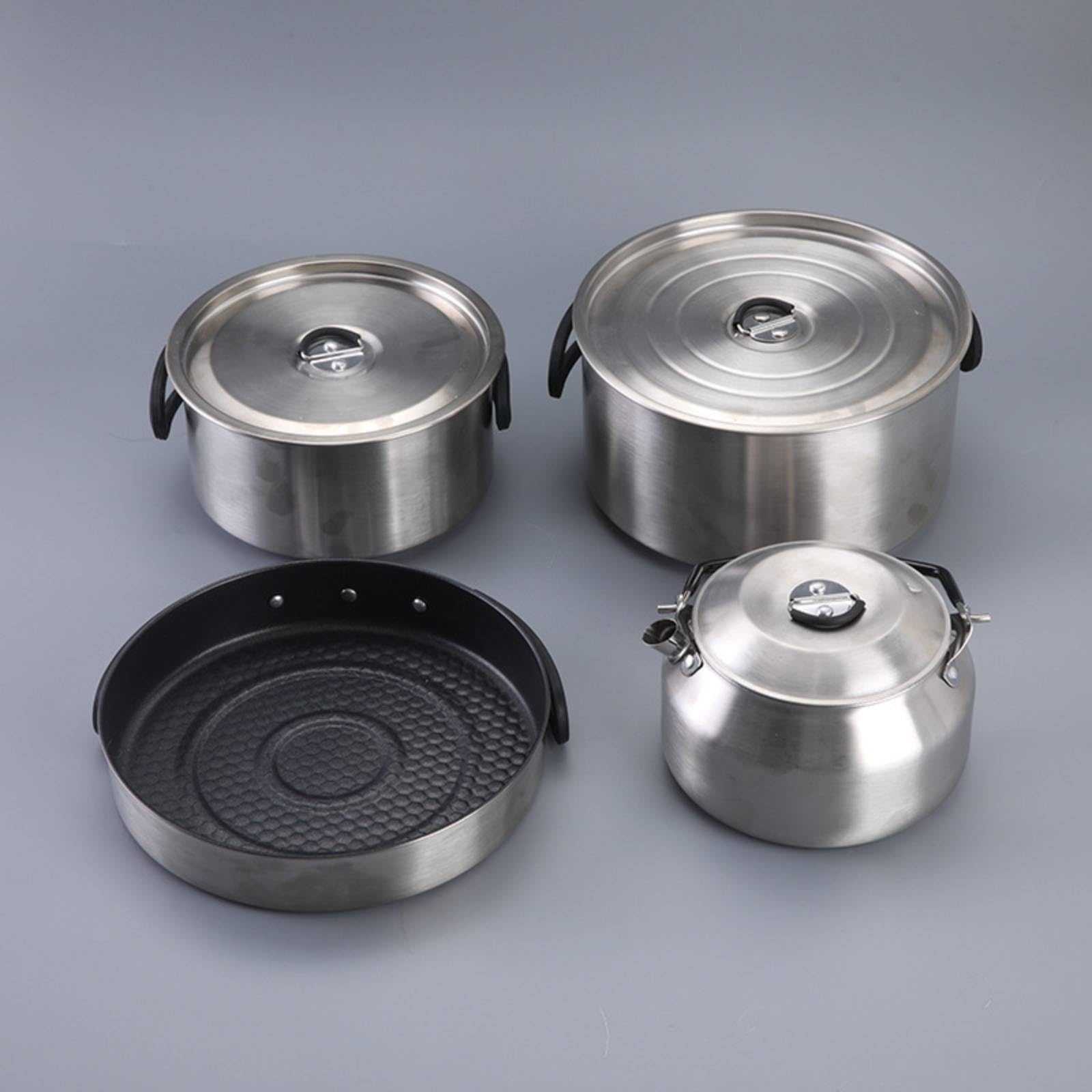 LOVIVER 4 Piezas Utensilios de Batería Portátil Olla Sartén y Tetera Acero Inoxidable 304 con Abatibles Adecuado para Camping Rutas Mochilero