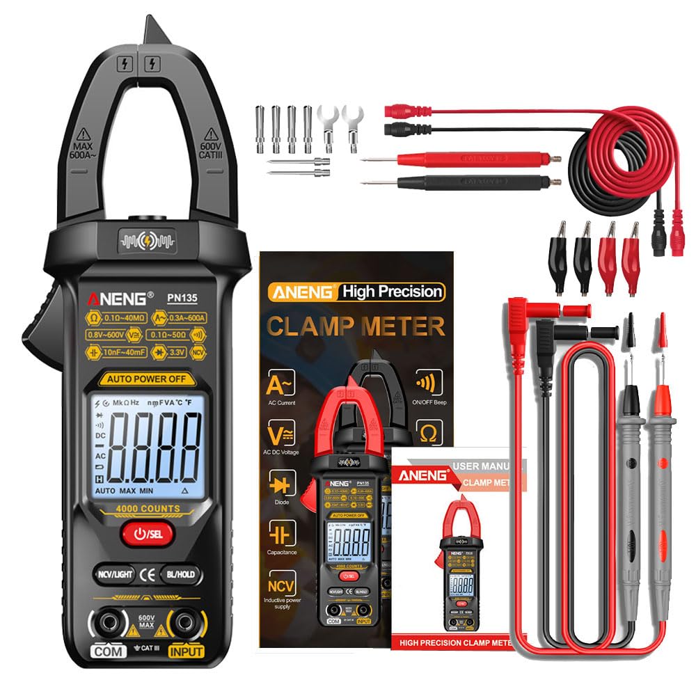PN135 Display digitale Pinza amperometrica intelligente Tester multimetro Resistenza alla tensione CA/CC Strumenti professionali per elettricisti senza contatto e linea combinata con scatola - Nero