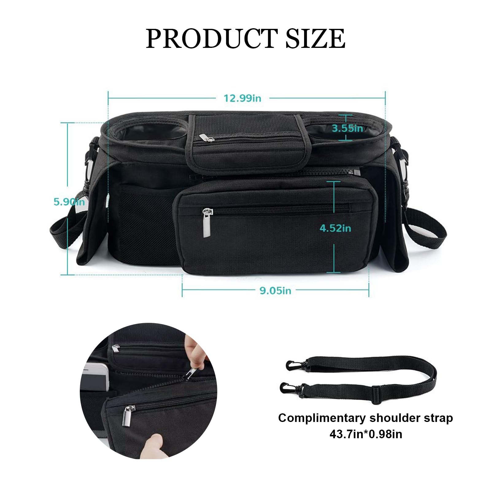 Sac de Rangement Universel pour Poussette, Poussette Organisateur avec Poche zippée, Grande Capacité Organisateur de Buggy Pour Poussette avec Porte-Bouteilles Isolés, Noir