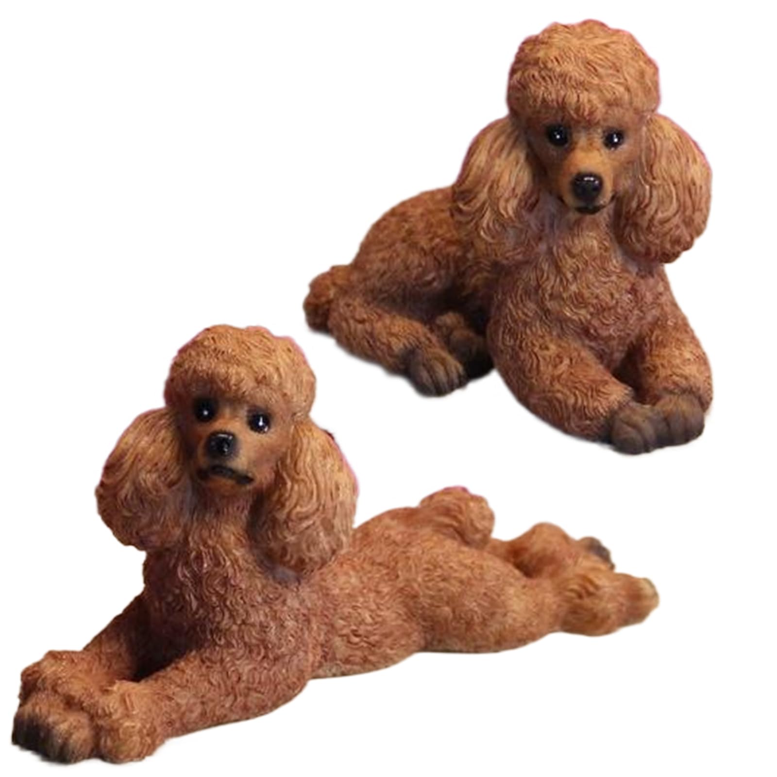 Yeaxxsqy 2Pcs 2 Size Lying Posture Light Brown Resin Poodle Statue, Realistic Expressive Toy Poodle Figurine for Shelf Dashboard