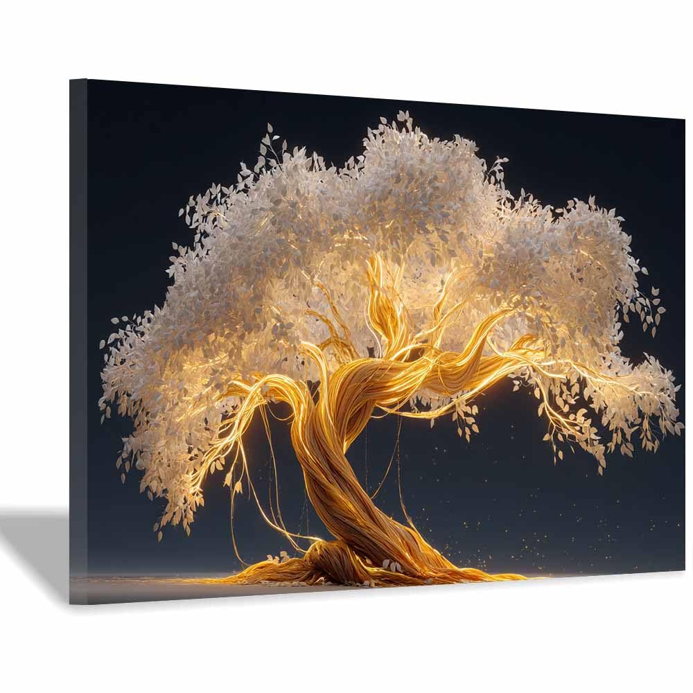 ZAMAEIU Tree of life wall decor Branch-flowing Tree On Canvas Prints Poster Pictures for Living Room Bedroom Home Office Wall Decoration(white)-30x50cm Framed