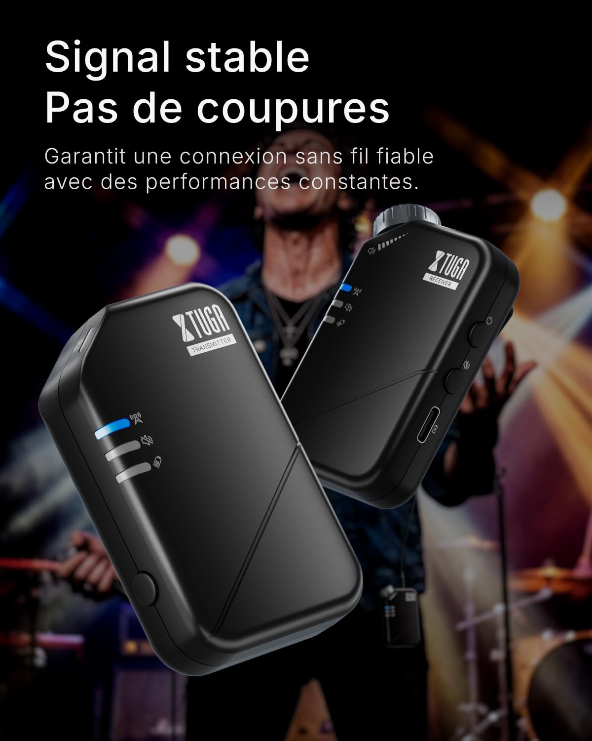 XTUGA Système de Surveillance Intra‑auriculaire sans Fil, système IEM stéréo sans Fil 2,4 GHz à Faible Latence, Surveillance de scène pour Groupes musicaux, églises et Musiciens (J02S)