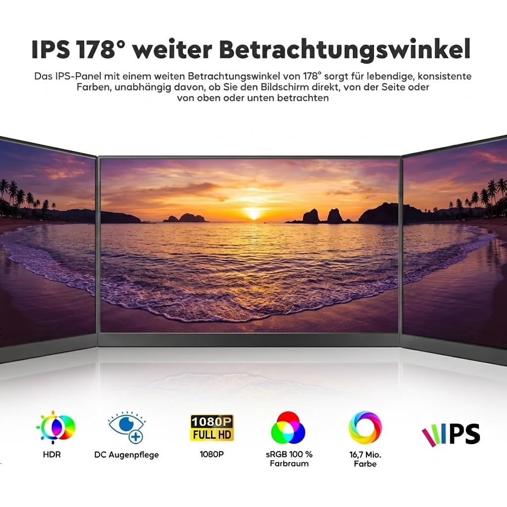 HONGO 15,6 Zoll Tragbarer Monitor, 1080P FHD IPS Bildschirm-Erweiterung mit Tischklemme & Lautsprechern, USB-C HDMI Plug & Play für Laptop, Handy, Spielkonsolen