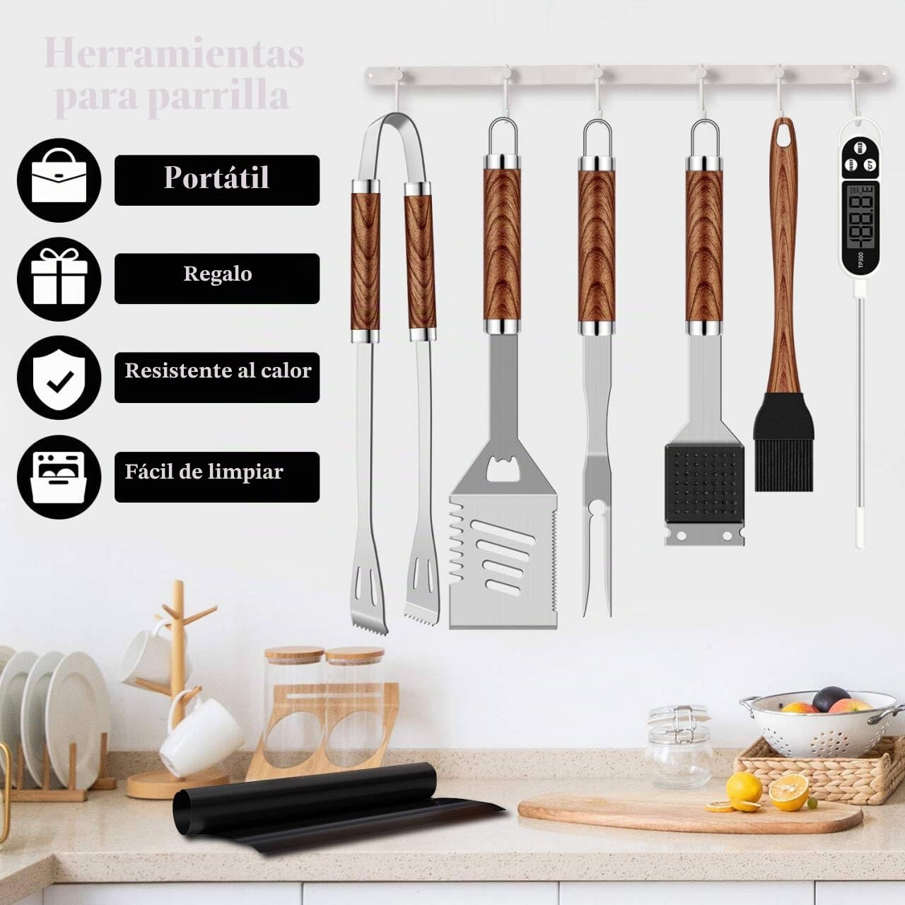 Grilliance Kit de Accesorios para Barbacoa de Acero Inoxidable de 26 Piezas, Juego de Herramientas para Parrilla Resistente con Estuche de Aluminio, Utensilios para Barbacoa para Hombres, marrón