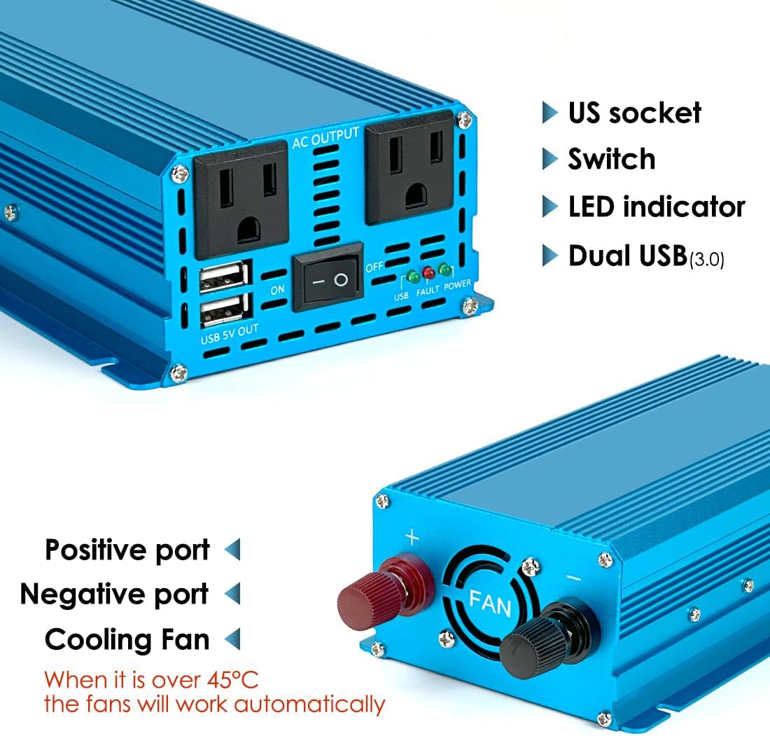 LVYUAN 1000 Watt Pure Sine Wave Power Inverter 24V DC to 110V/120V AC Converter with 2 sockets and 2 USB Port for Car Truck Family Solar System,RV, Truck,Road Trip & Emergency