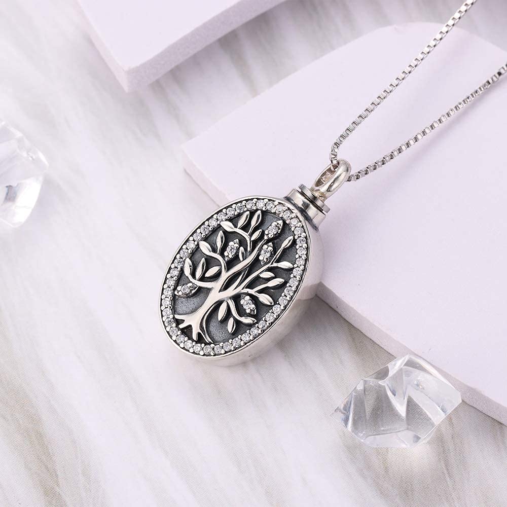 Naszyjniki z motywem drzewa życia, urna, naszyjnik, srebro wysokiej próby 925, biżuteria kremacyjna, amulet, pamiątka, medalion "Forever in my heart", wisiorek z zestawem do napełniania i pudełkiem upominkowym, łańcuszek 45 cm, Srebro szterlingowe