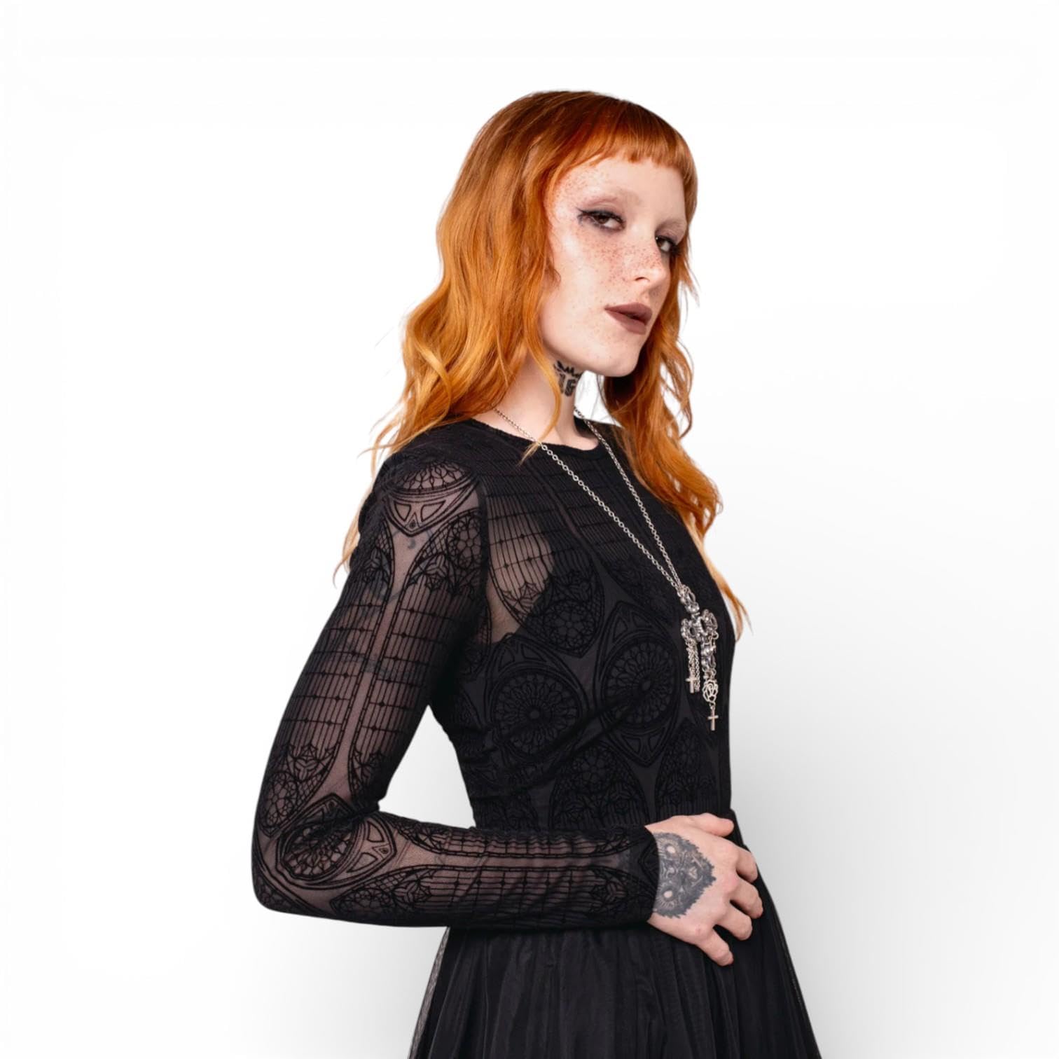 Hell Bunny MEA Culpa Top Schwarzes Gothic-Oberteil aus beflocktem Mesh mit Langen Ärmeln, transparent