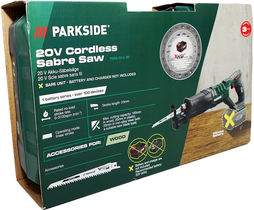 HEADNMORE Bundle Parkside PSSA 20-Li - Sierra sable con batería de 20 V (incluye batería de 4 Ah, incluye llavero HEADNMORE)