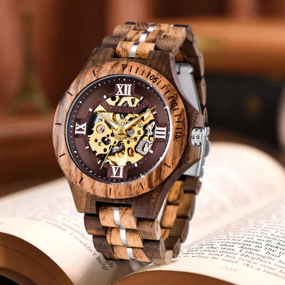 Tiong Herren Holzuhr Mechanische Skelett Automatisches Uhrwerk Holzuhren | Retro Leichte Herrenuhr mit Holz Geschenkbox, Klassische Holzuhr als Geschenk für Männer