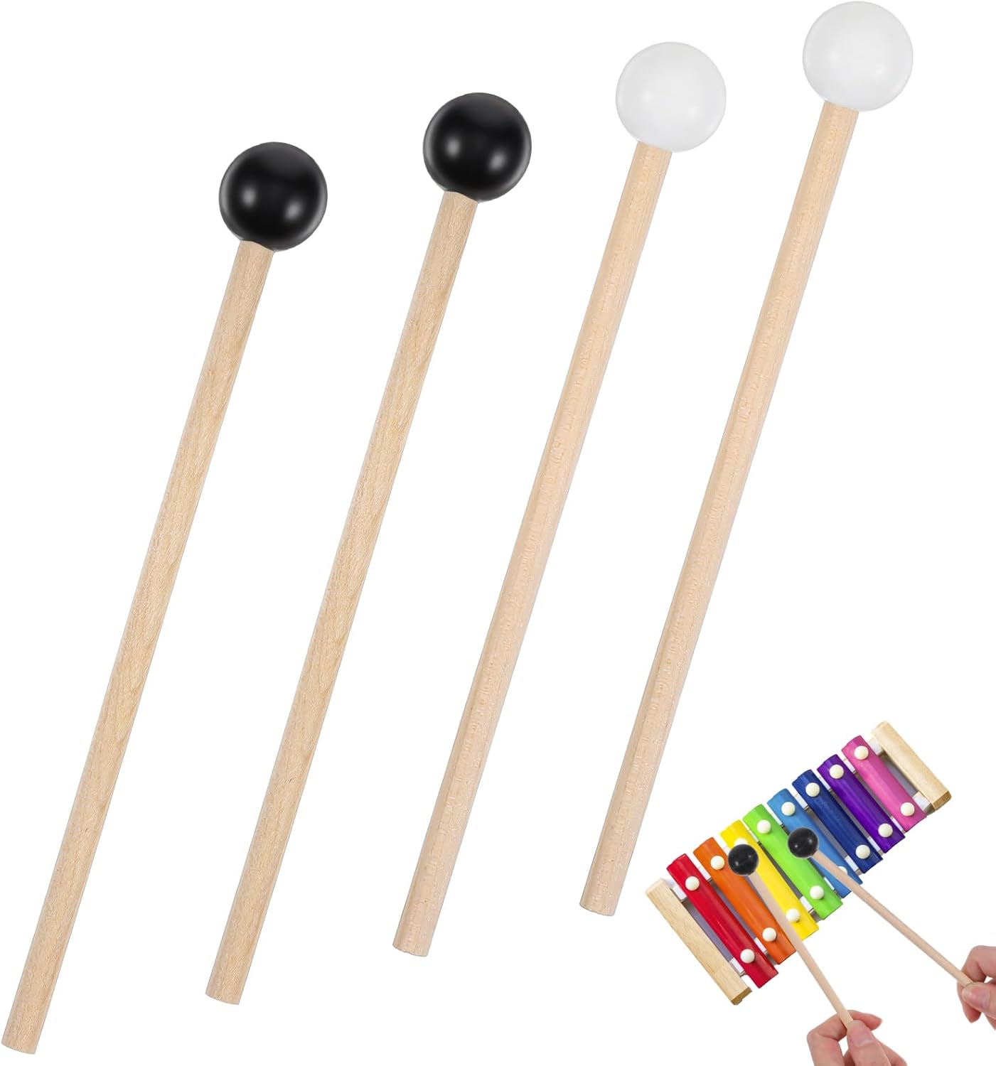 Ouligay 4PCS Silicone Head Xylophone Mallets - 6.22" Glockenspiel Tongue Drum Sticks Wooden Percussion Mallets Black & White