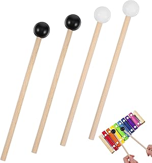 Ouligay 4 PCS Xylophone Mallets Tongue Drum Mallets Glockenspiel Mallet 6.22 in Silicone Bell Mallet Percussion Wooden Percussion Sticks for Bass Cymbals Black & White