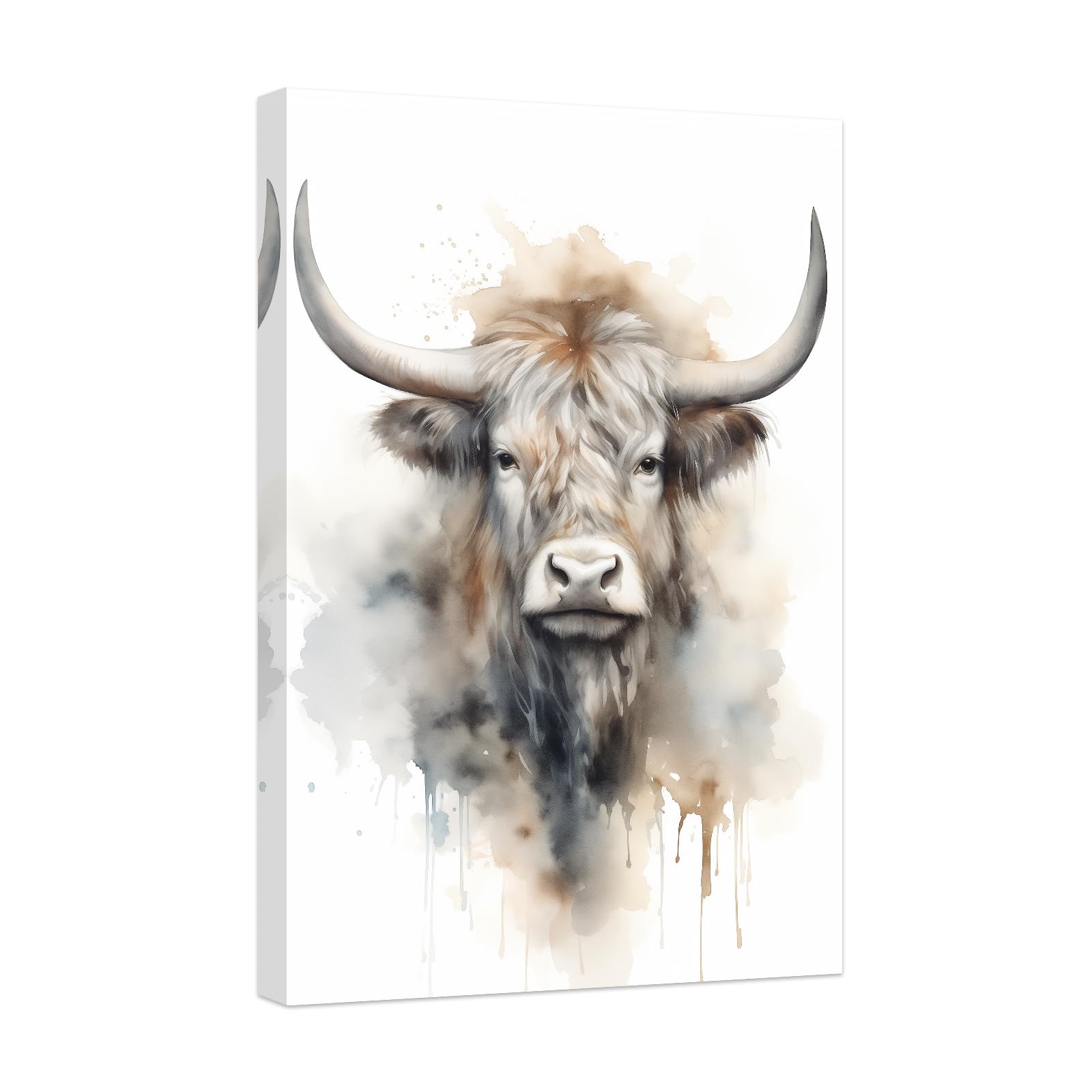 CCWACPP Highland Cow Canvas Wall Art Watercolor Farmhouse Animal Pictures Abstract Cattle Painting for Living Room Bedroom Office Home Wall Decor Framed (60.00 x 90.00 cms) โ image 1