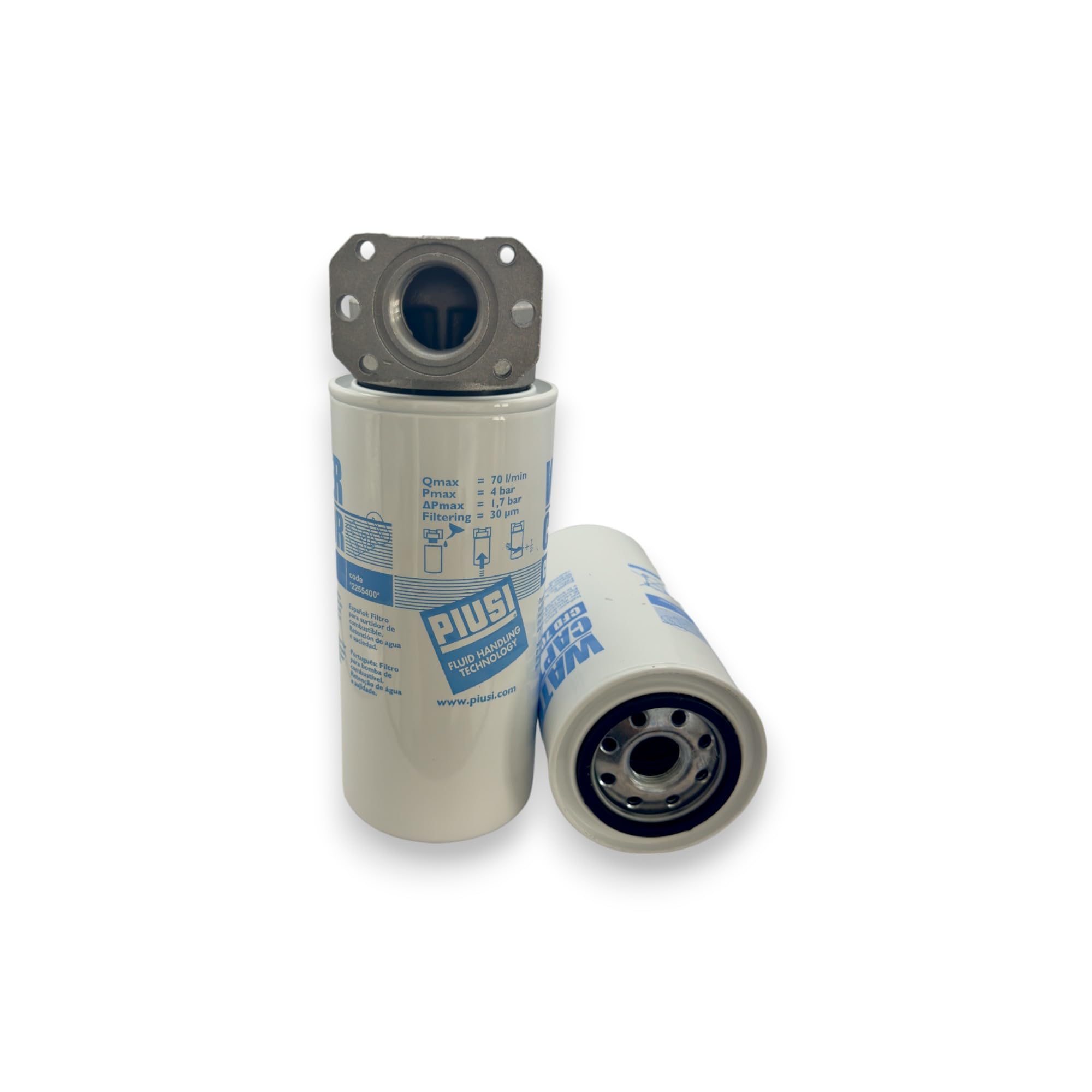 PIUSI Kit Filtro Carburante/Separatore d'acqua per cisterna Completo Supporto testa + 2x Cartucce, Portata 70 l/min, Filtrazione 30 micron | Water Captor F00611A0A