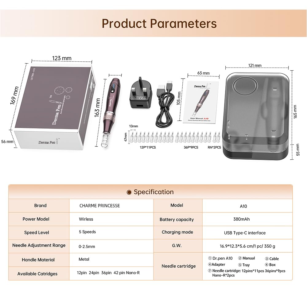 A10 Dermapen Microneedling – Stylo Microneedling Sans Fil Réglable Professionnel avec 22 Cartouches de Rechange, Derma-Pen pour Soins de la Peau
