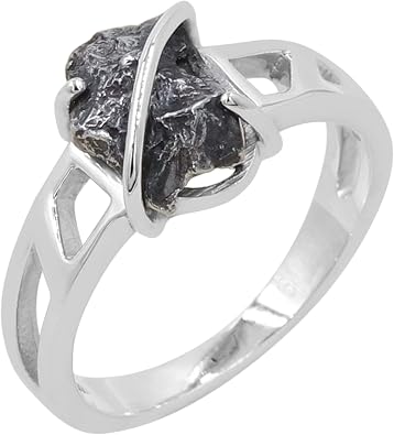 Meteorite Ring in 925 Sterling Silver Natural Rough Meteorite Gemstone Jewelry for Men and Women