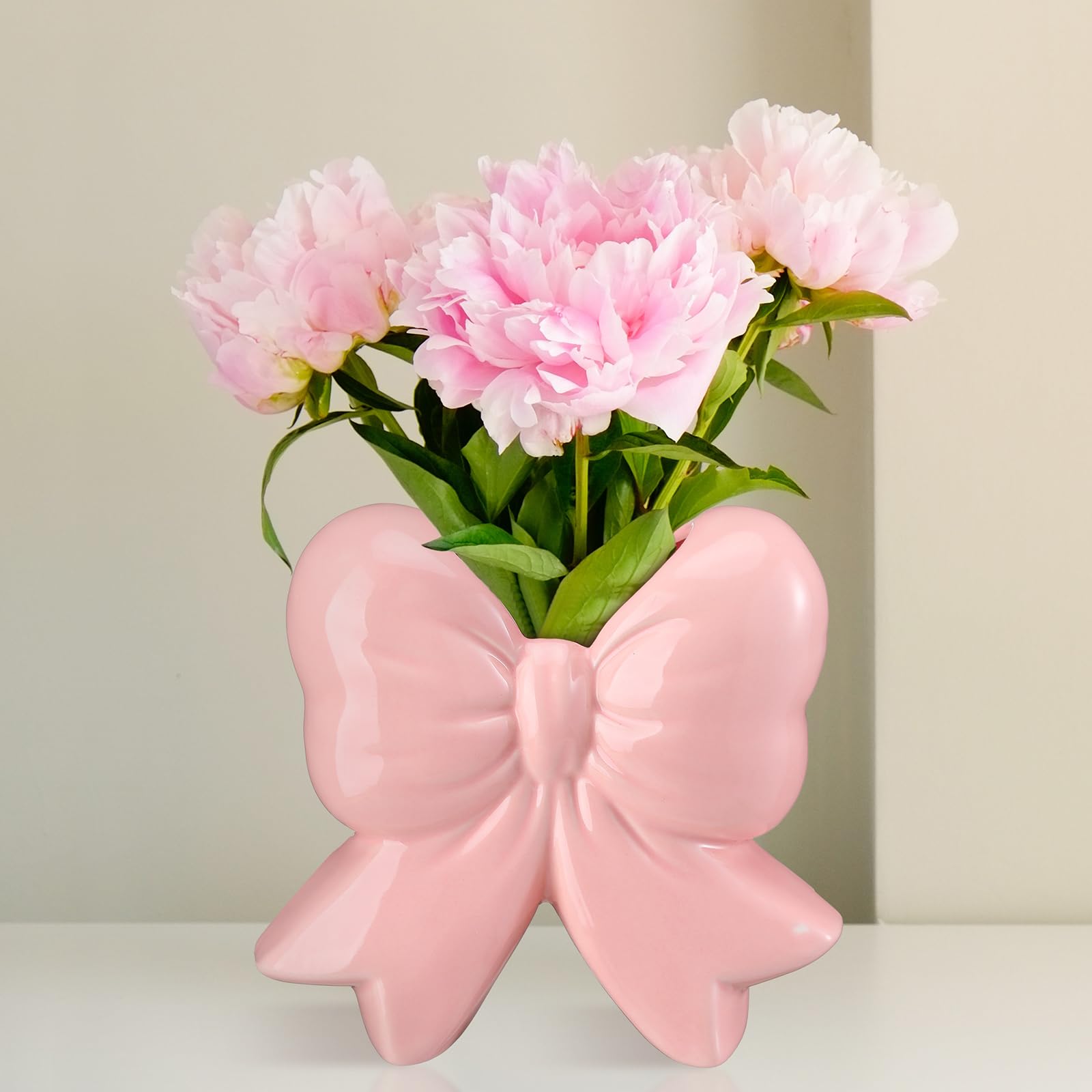 Jarrón de cerámica con lazo rosa, pequeño jarrón de coqueta, soporte para brochas de maquillaje, diseño contemporáneo, decorativo, regalo para mujer, para el hogar, oficina, estante, mesa