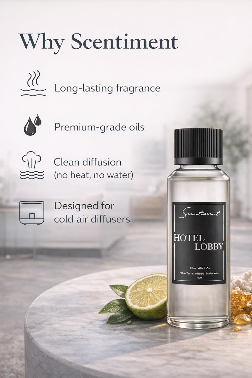 Scentiment Hotel Lounge Diffuser Oil – White Tea, Bergamot, Orange Blossom, Amber & Marine Scent for Diffusers, Fragrance Oil - 4.06 fl oz (120 mL)