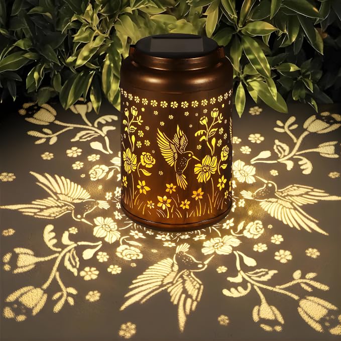 Image of Solar Hanging Lantern Outdoor Waterproof, Metal Jar Light with Hummingbird Floral Cut Design, Warm LED Decorative Garden Light for Balcony, Patio, Yard & Home Decor (4)