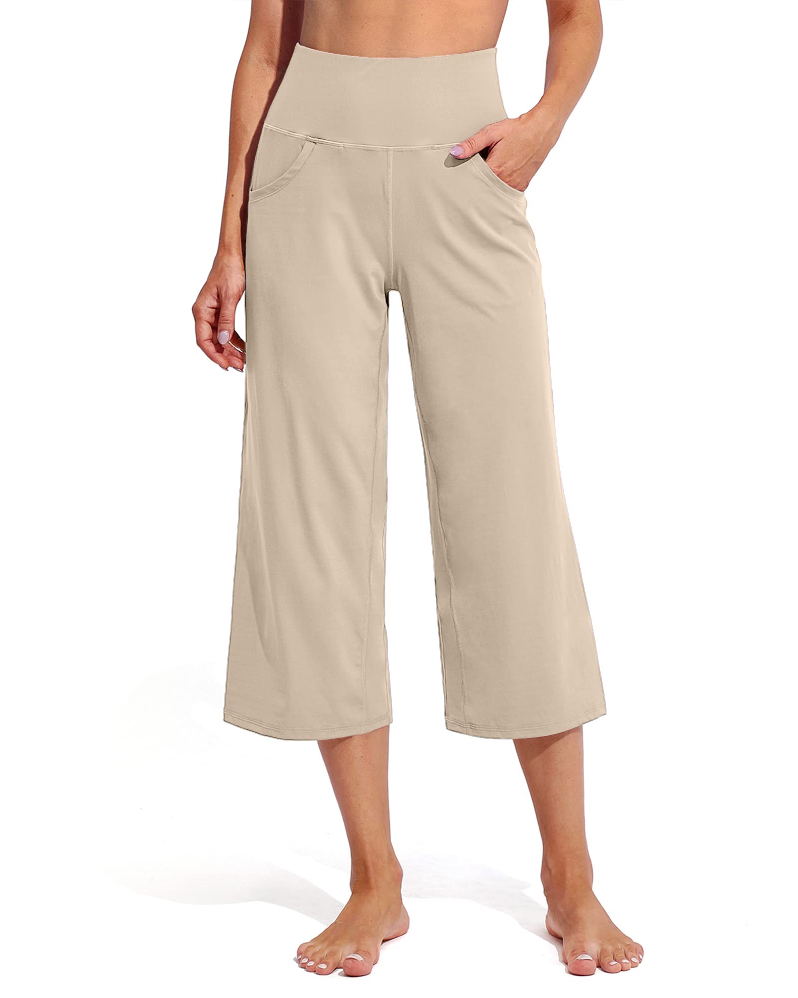 Promover Capri Pants for Women Wide Leg Yoga Cropped Pants with Pockets Loose Casual Summer Pant
