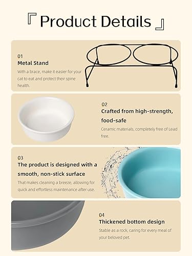 Miniatura 7 de GDCZ Elevated Cat Bowl Stand, 11 in Metal Stand with 2 Removable 15 OZ Ceramic Bowls for Pet Food and Water, Stand Reduces Cat Neck Burden, White