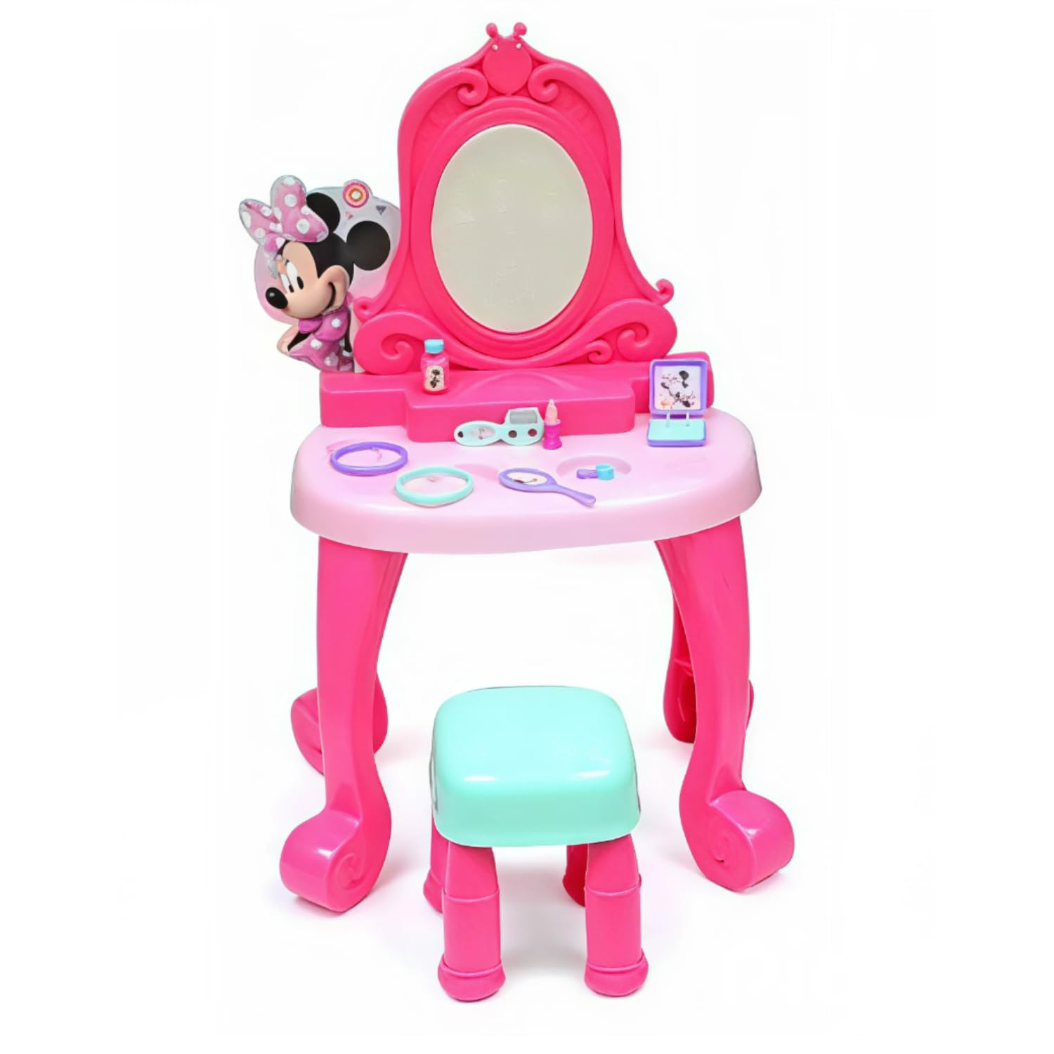 Specchiera Rosa con 10 Accessori, Asciugacapelli,Specchietto,Sgabello,Alta 78 cm., Idea Regalo,Giocattolo per Bambine 3+ (Minnie)