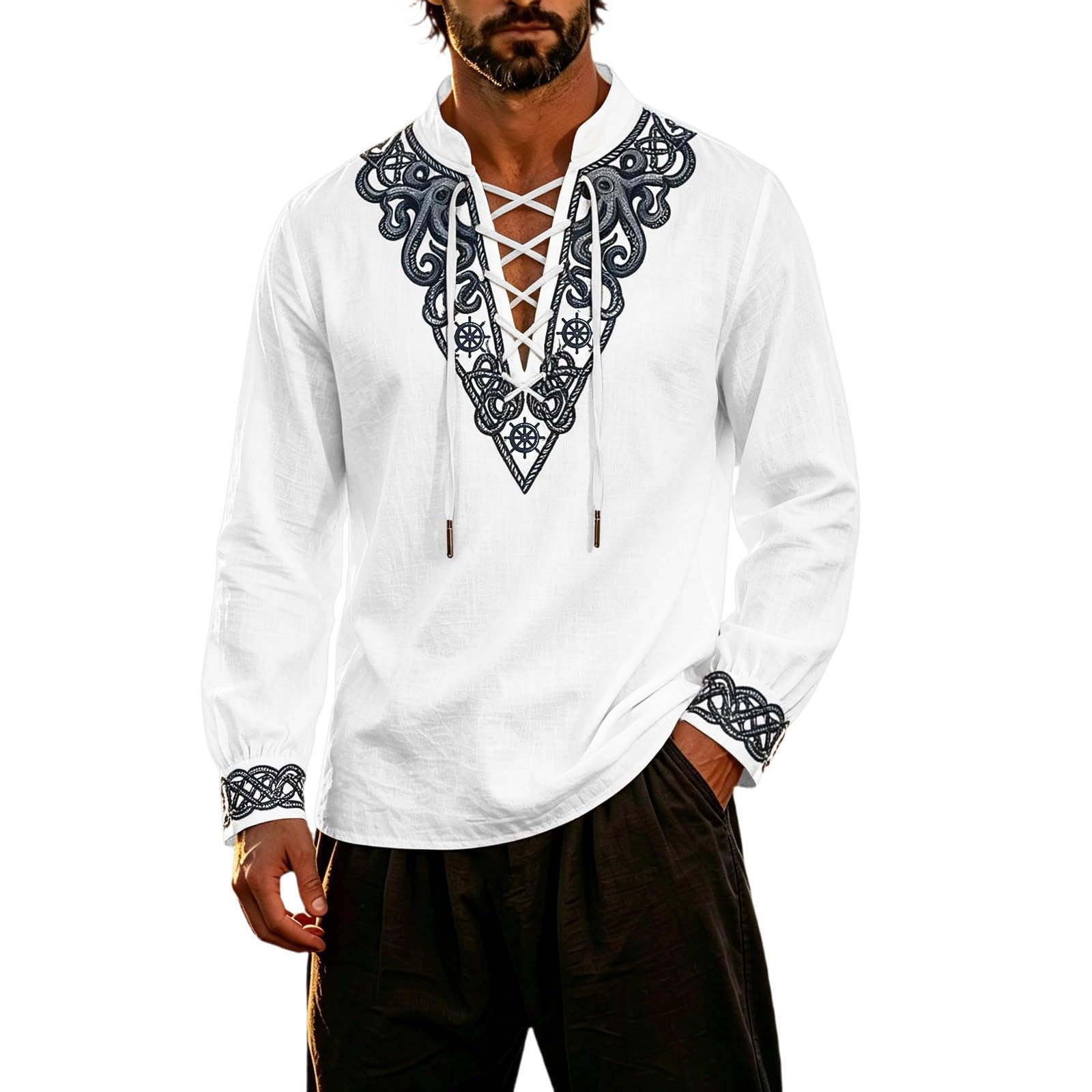 Classic Themed Men's Long Sleeve Shirt for Adventure Nautical Style Top with for Everyday Wear and Cosplay (g-White, L)