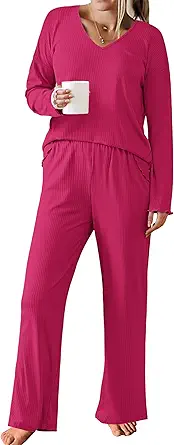 Ekouaer Womens Ribbed Knit Pajamas Set V Neck Long Sleeve Pj Set 2 Piece Loungewear Casual Sleepwear