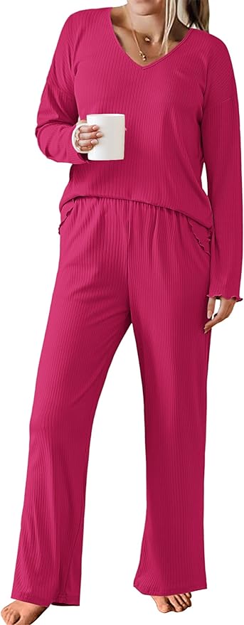 Ekouaer Womens Ribbed Knit Pajamas Set V Neck Long Sleeve Pj Set 2 Piece Loungewear Casual Sleepwear