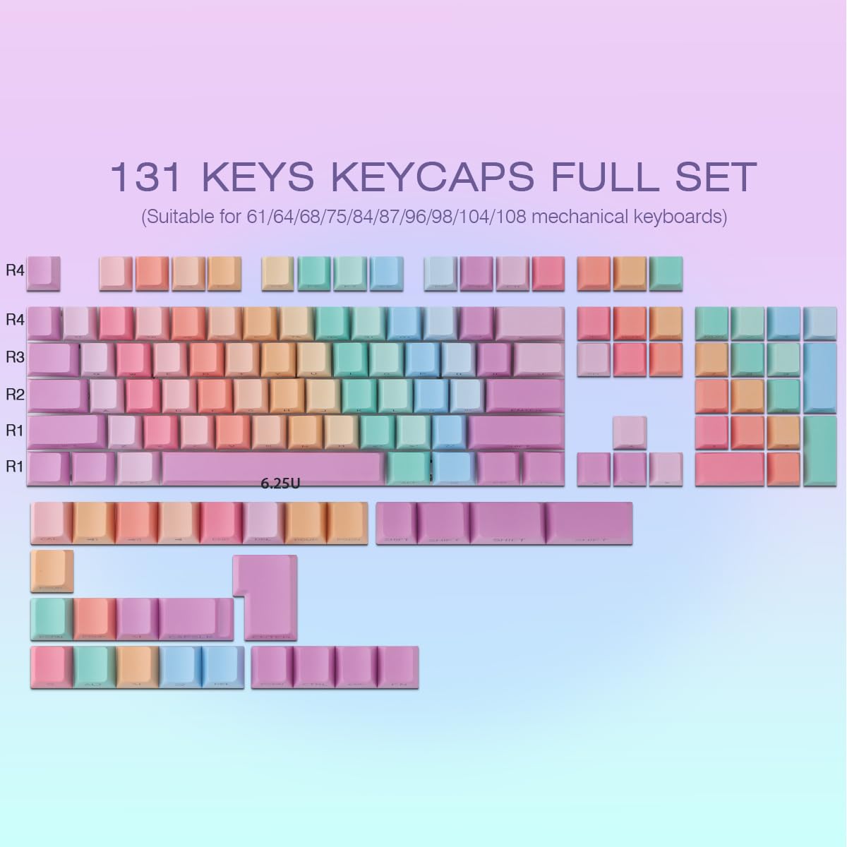 Tsungup Lot de 131 touches en PBT imprimées sur le côté - Motif arc-en-ciel mignon - Pour clavier mécanique Cherry MX