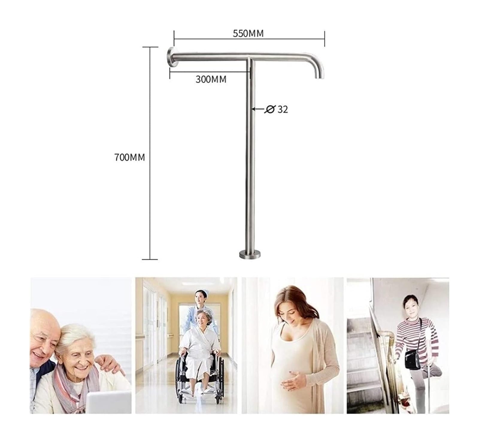 Barra di sicurezza per WC con impugnatura antiscivolo per una maggiore stabilità e sostegno, design a parete e a pavimento per un'installazione sicura