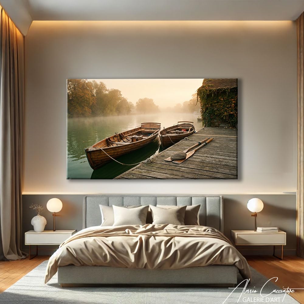Alessio Cacciatore Quadro con foresta nebbiosa, poster decorativo da parete, barca, stampa su tela, paesaggio naturale, dipinto lago, decorazione da parete, tela decorativa, grande formato, 120 x 80