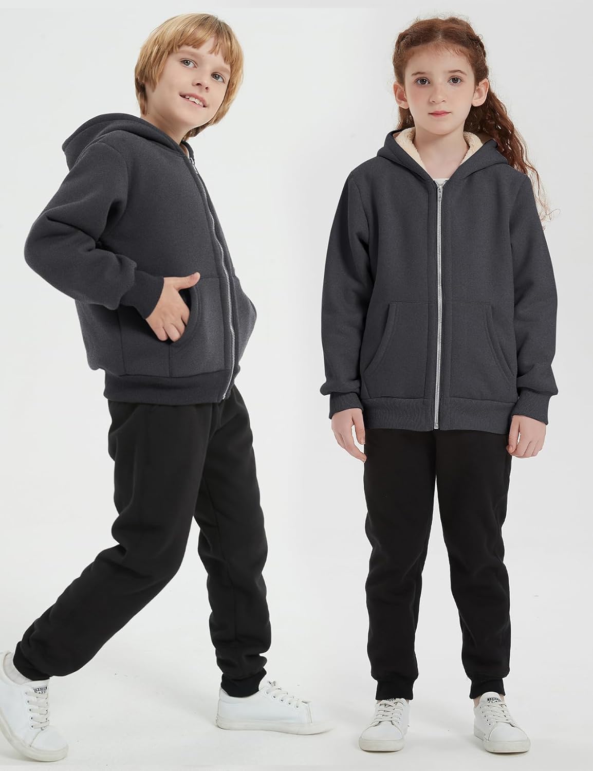 Flygo Unisex Boys Girls Fleece Jacket Hoodie Sherpa Lined Zip Up Hooded Sweatshirt Kids Winter Jackets - Image 2