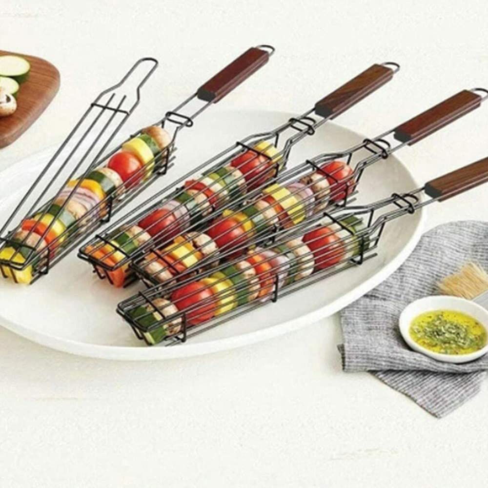 Panier à Griller Paniers à Brochettes Simples Antiadhésifs Barbecue à Poignée en Bois Anti-Corrosion pour Poisson Rôti Légumes Crevettes Fruits De Mer 5 pièces