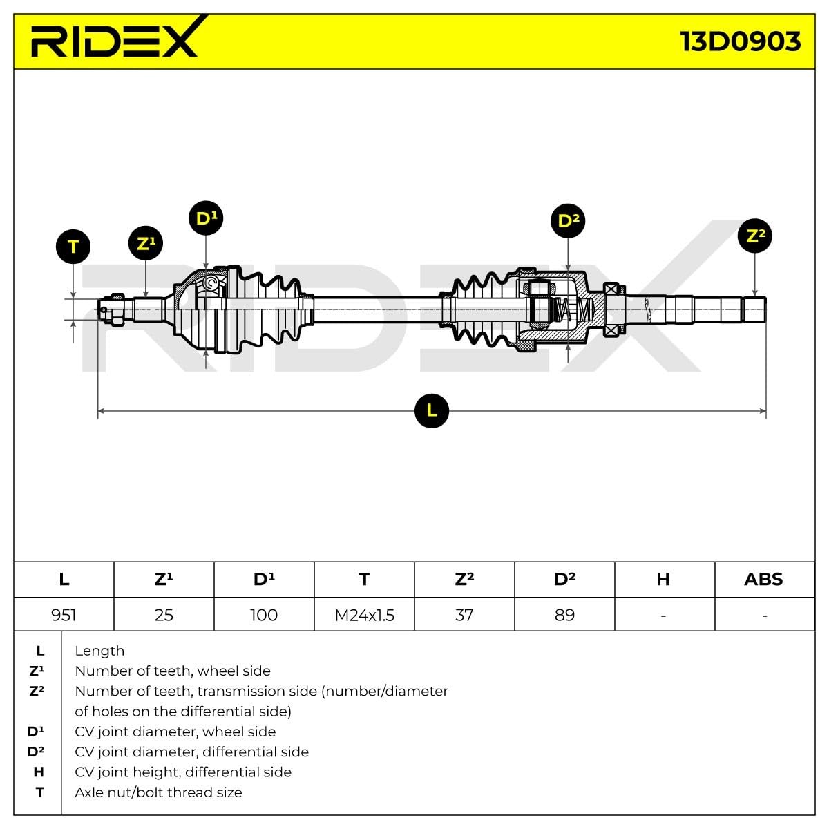 RIDEX 13D0903 Arbre de transmission Avant Droite avec roulement Compatible avec PEUGEOT 308 I 3/5 portes 4A, 4C