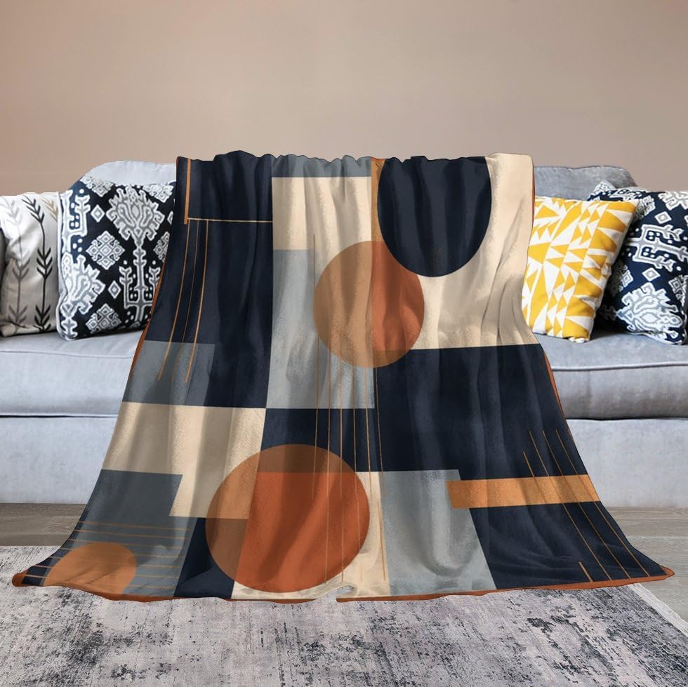 Miniatura 6 de Manta geométrica abstracta de color azul marino, naranja quemado, arte abstracto, de mediados de siglo, moderna, suave, 70 x 80 pulgadas, manta de