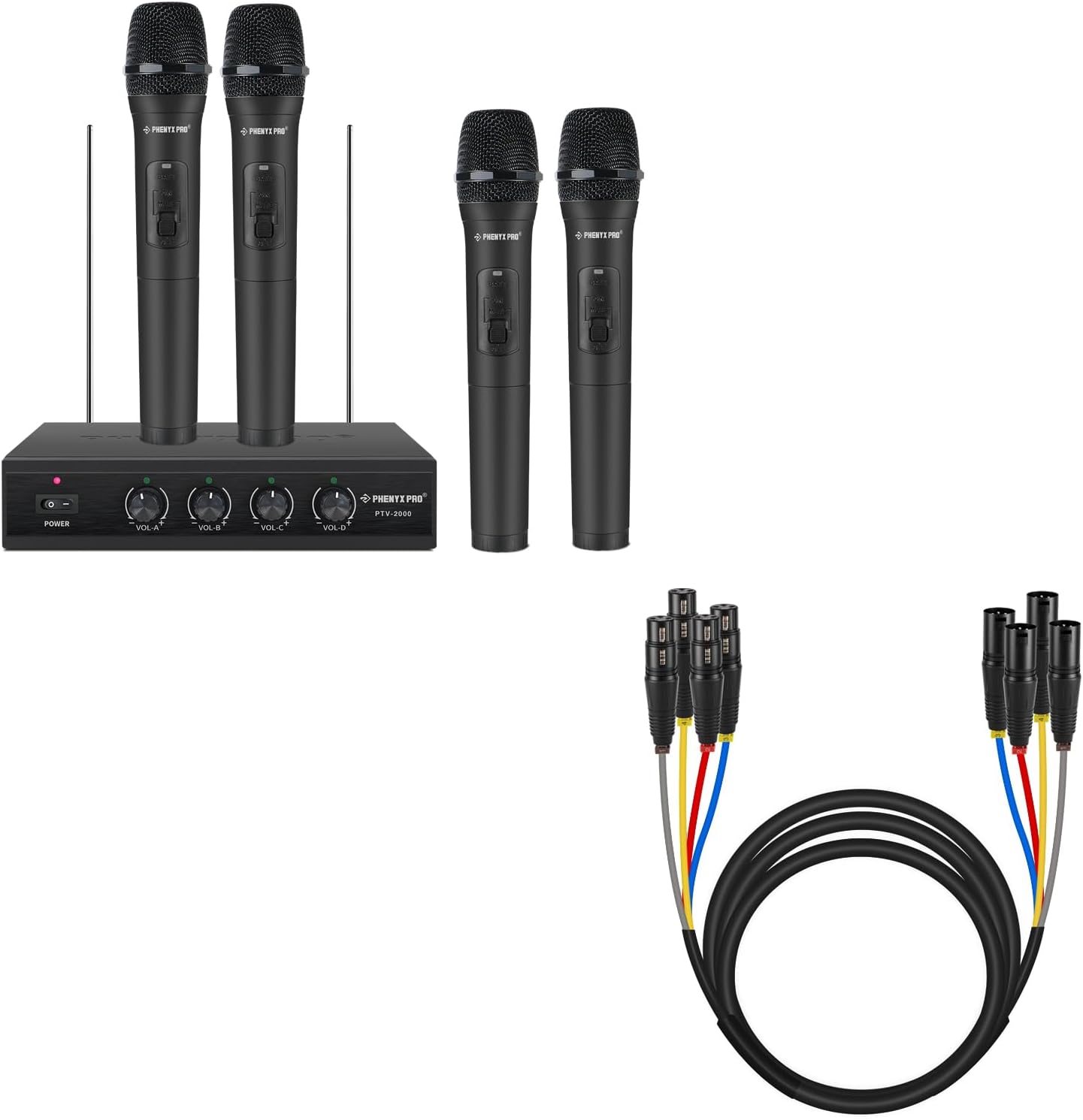 Phenyx Pro 4 Channel VHF Wireless Mics PTV-2000A Bundle with 10Ft XLR Snake Cable PCBL-4IN1-10
