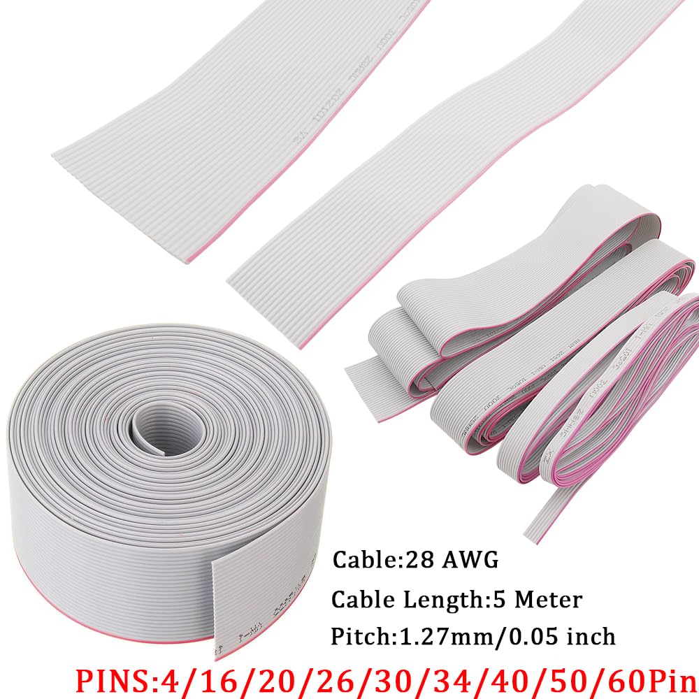 5M 1.27mm Pitch Grey Flat Ribbon Cable Connector 14/16/20/26/30/34/40/50/60 Pin 28AWG Flexible Wire for IDC FC 2.54MM Connectors (60Pin)