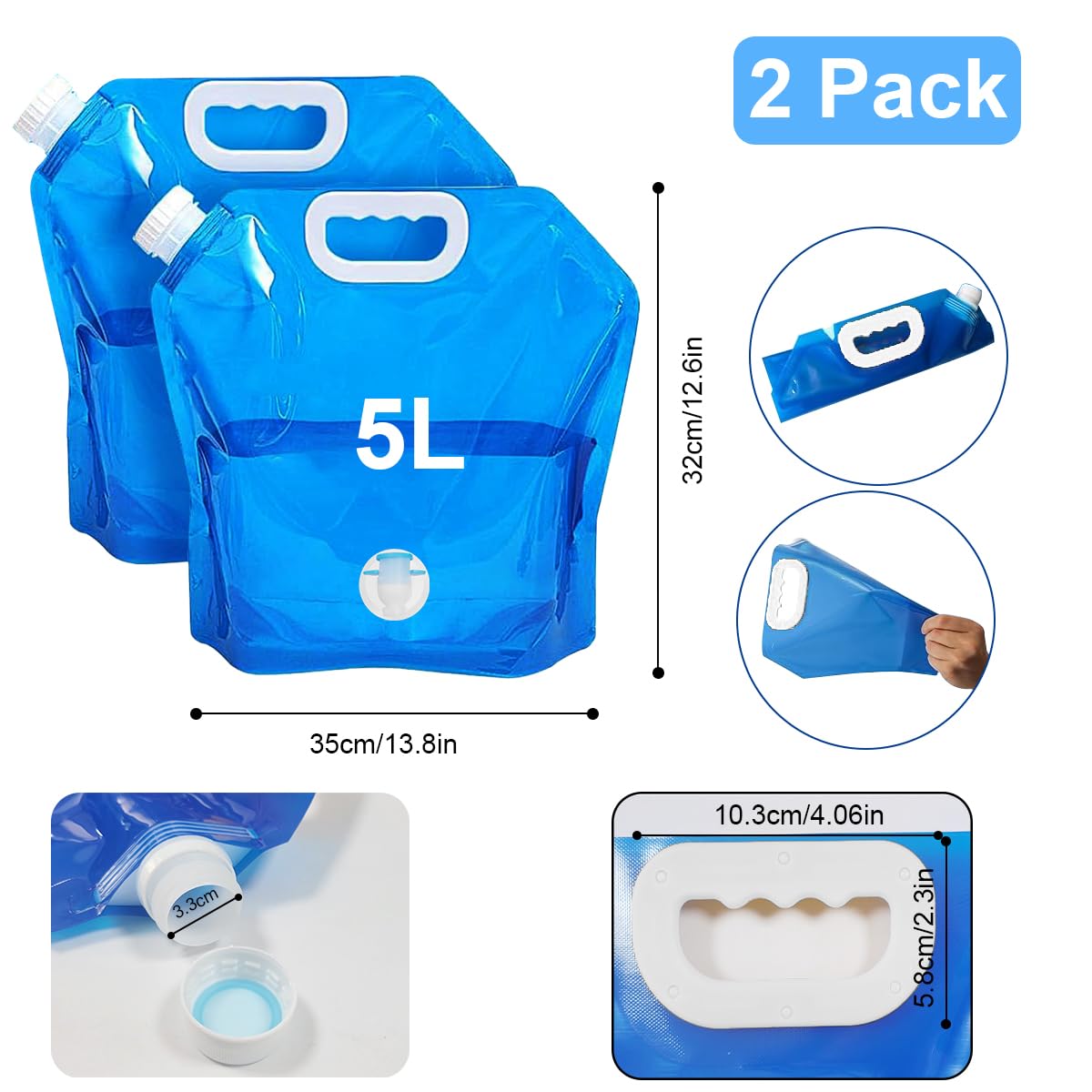 Tanica per acqua pieghevole con rubinetto 5L 2 pezzi, contenitore per acqua pieghevole per acqua potabile con maniglia, contenitore per acqua con coperchio ermetico per escursioni, picnic
