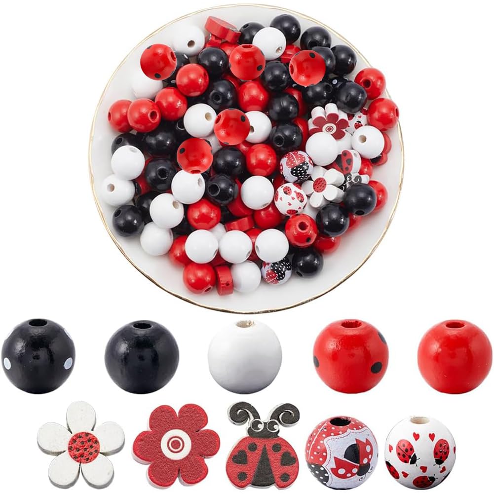 Perles en bois de 16 mm en forme de coccinelle avec grand trou d'enfilage pour colliers