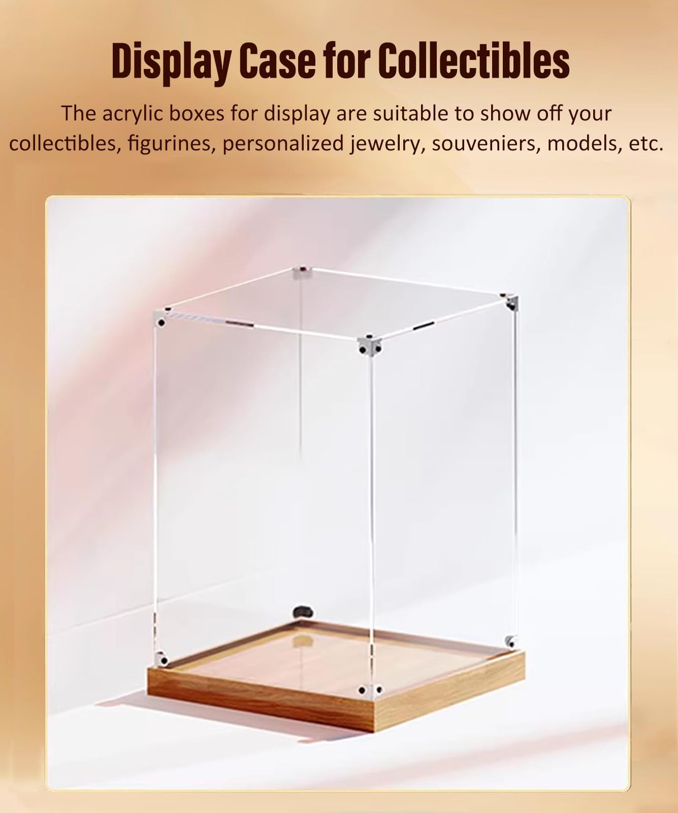 Teca Plexiglass Vetrina in Acrilico Trasparente per Figure, Bambole, Giocattoli e Modellini, Scatole Decorative per Oggetti da Collezione, Vetrina con Base in Legno(500x500x400mm/20x20x16in)