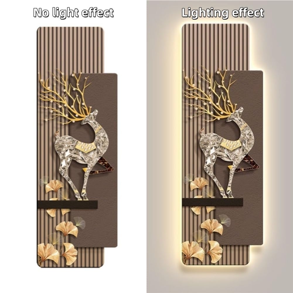 Cuadro de Pared de imitación de Pintura con Luces LED, Porcelana de Cristal finamente Tallada para Sala de Estar, Entrada y Pasillo (Dorado, 30 x 90 cm)