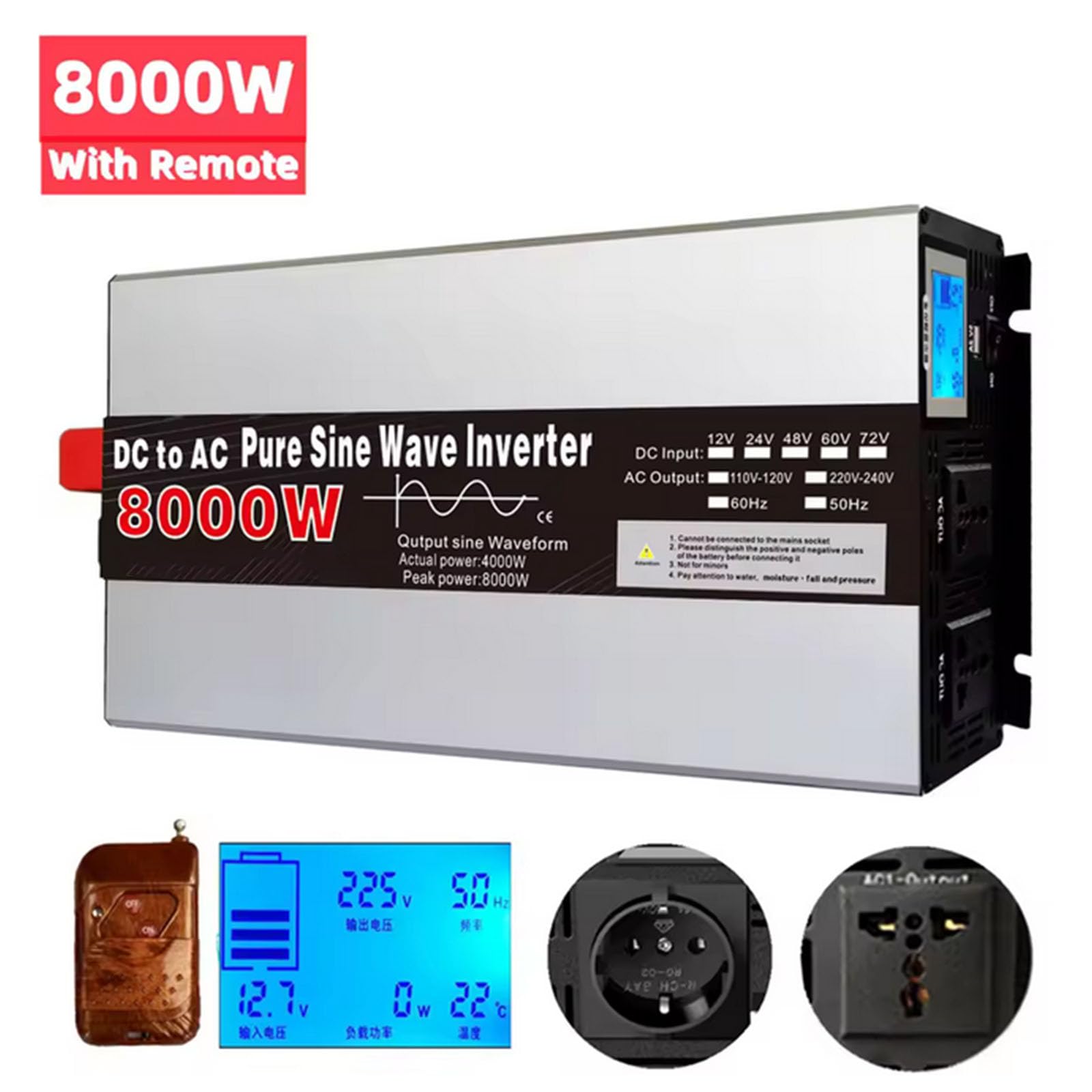 Przetwornica mocy 4000W DC 12V 24V na 110V 60Hz/220V 50Hz, niskoczęstotliwościowa ładowarka solarna dla kamperów, systemów solarnych off-grid z 2 gniazdkami AC
