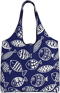 [ILIUEND] さかな まだら 魚柄 紺色 手描き 北欧風 エコバッグ ショッピングバッグ 大容量 折りたたみ コンパクト 帆布 レジ袋 軽量 買い物袋 トートバッグ コンビニ アニメ グッズ キャラクター 人気 プレゼント fv