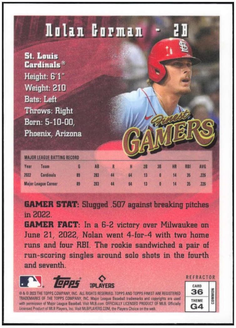 NOLAN GORMAN RC 2023 Topps Finest Flashbacks Refractor #36 ROOKIE NM+-MT MLB Baseball Cardinals