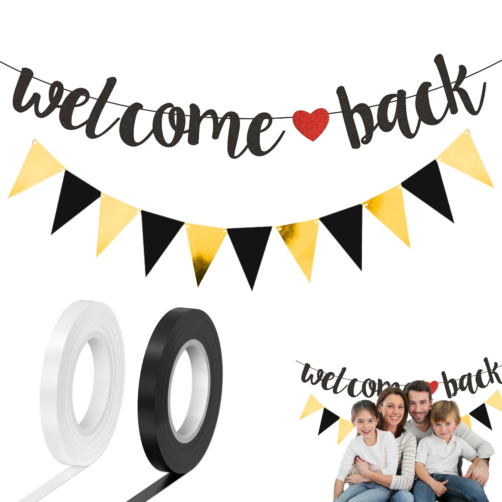 PMELCXD Glitter Welcome Back Garland with Bunting - Welcome Home Banner, Black, Paper Decoration for Home, Party and Celebrations, 3 Piece Set with Ribbons, Ideal for Return Parties and Family Parties
