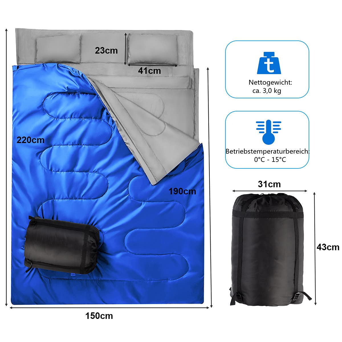 GYMAX Saco de Dormir Doble 2 en 1, Saco de Dormir Adulto con 2 Almohadas y Bolsa de Transporte, Saco Cama Campismo para 2 Personas, Ligero y Resistente al Agua de 0 °C a 15 °C