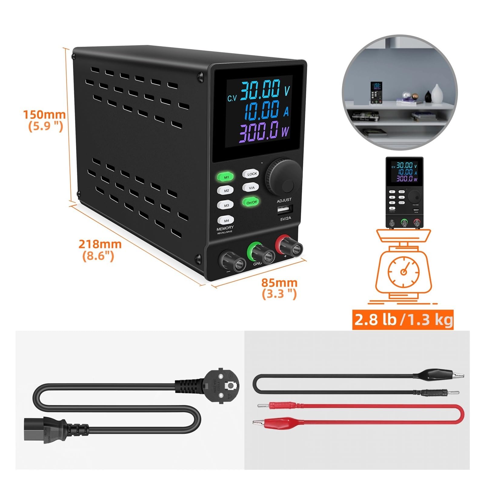 Fuente de alimentación de banco de laboratorio de CC variable, 30 V, 10 A, 200 V, 300 V, regulador de voltaje con ajuste de codificador, fuente de alimentación conmutada con pantalla LED de 4 dígitos