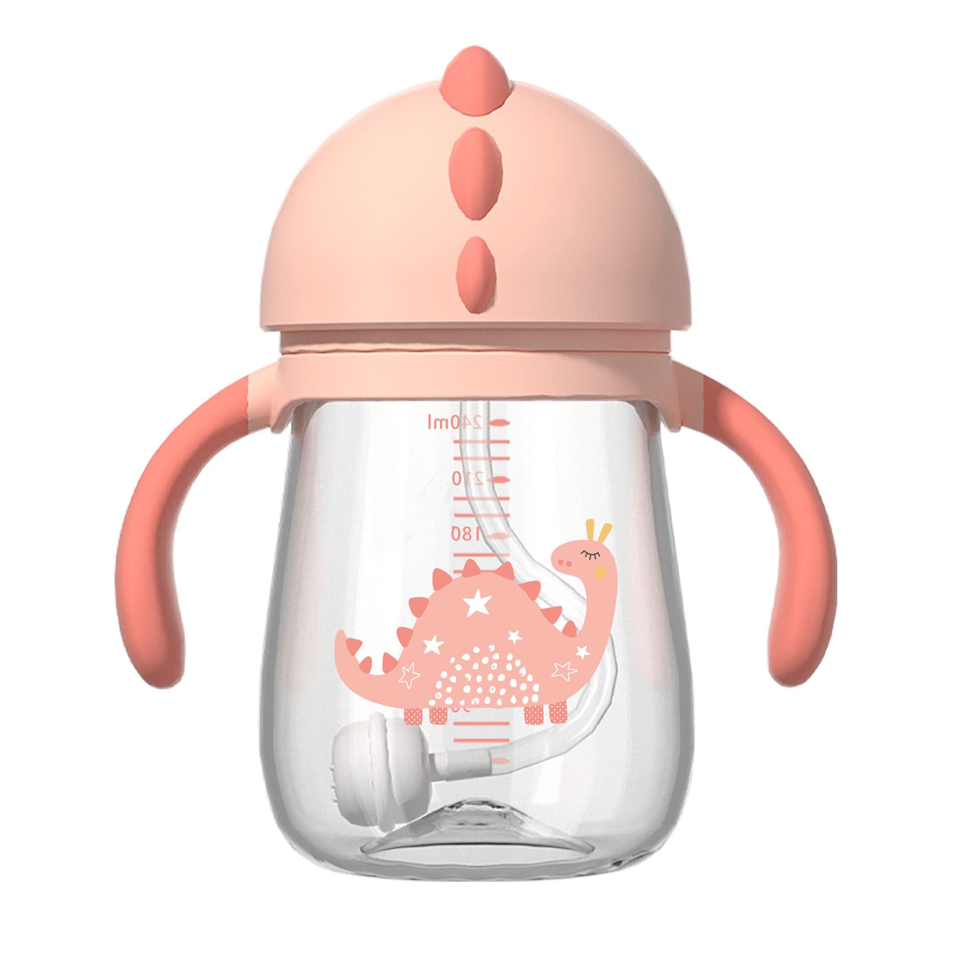 SYOSI Sippy Cup for 8+ Months Baby, 240ML Dinosaur Toddler Sippy Weighted Straw Cup, Easy Grip Handles, Baby Water Bottle with Flip-Top Lid, Spill-Free Trainer Cup for kids Independent Drinking (Pink)
