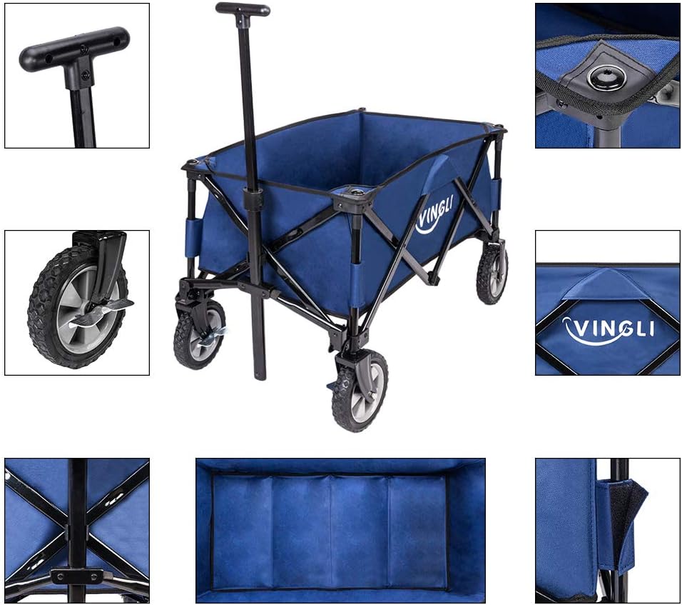 Collage of images showing the VINGLI wagon being used for shopping, outdoor activities, gardening, and camping, highlighting its multi-usage capability.